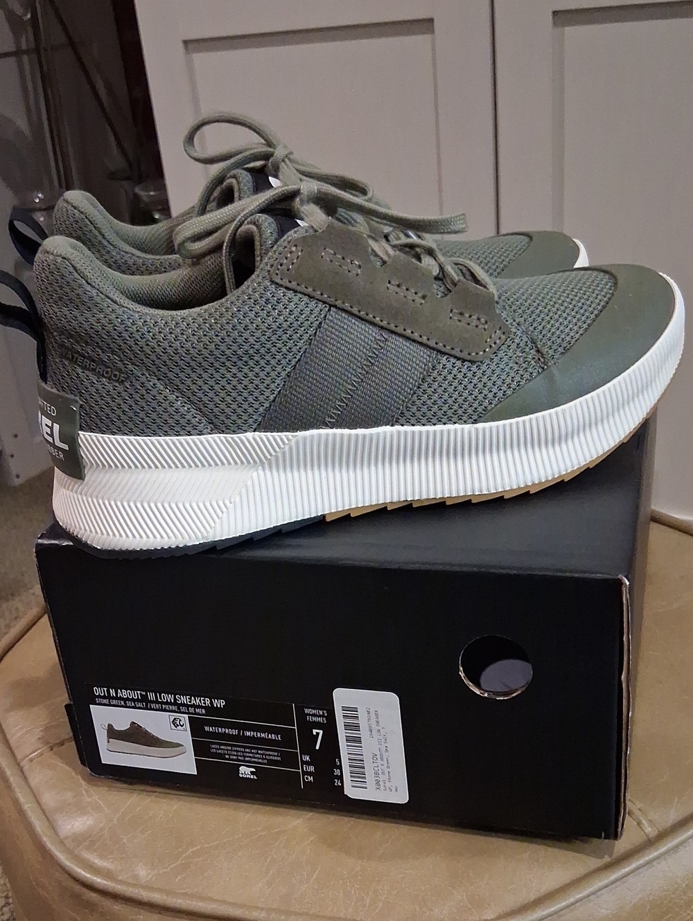 Sorel Out N About Olive Green Mesh Lace-Up Sneakers with White Sole